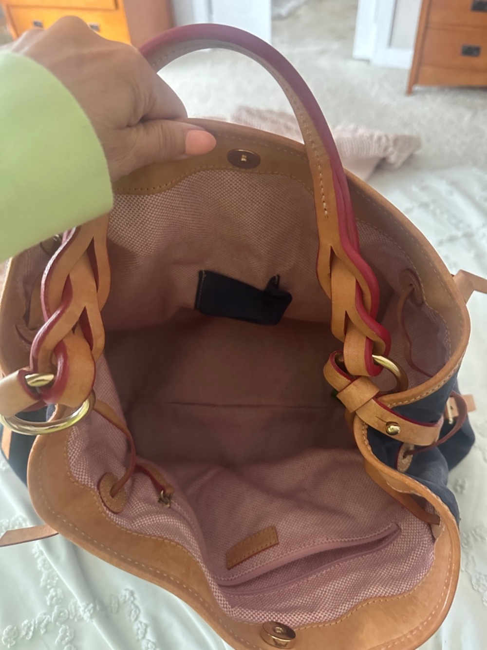 Dooney & Bourke Navy Suede Shoulder Tote with Tan Trim and Red Braided Handles - Picture 3 of 3